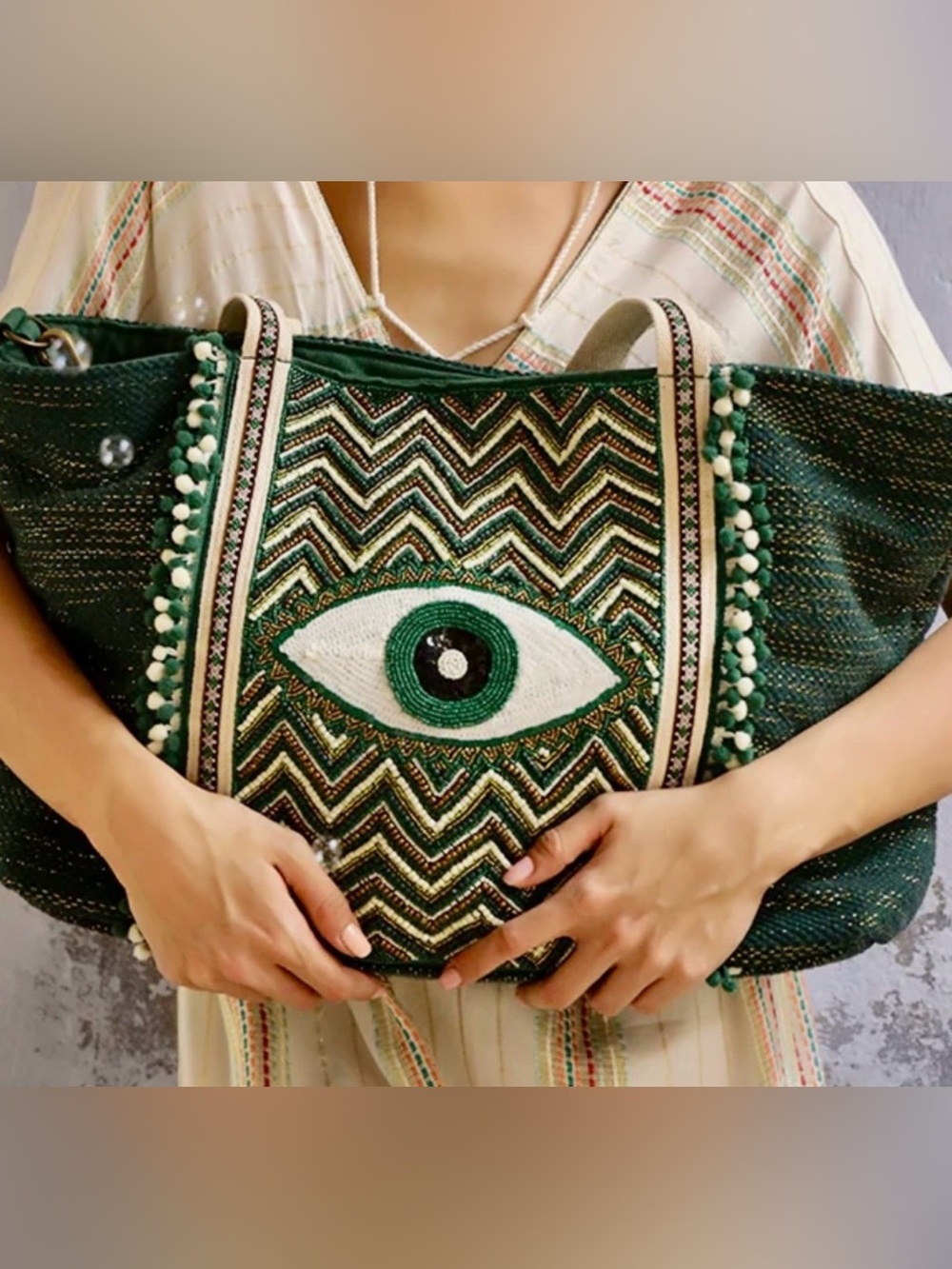 NWT America and Beyond Evergreen Evil Eye hand beaded sequin Tote green gold
